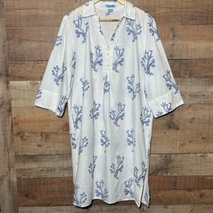 J. McLaughlin Cotton Linen Blend Blue Coral Printed Collared Tunic Dress size XL